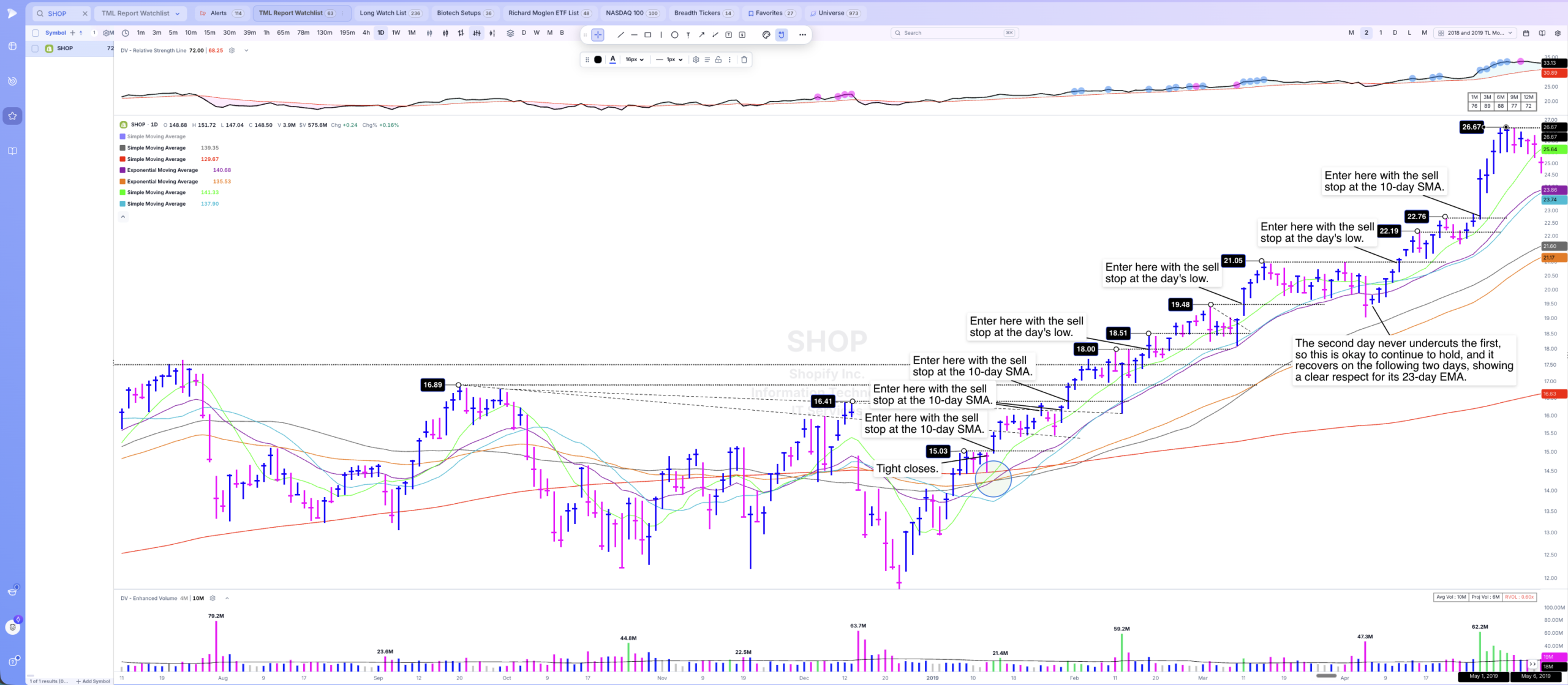 Model book page for TICKER annotated with its pullbacks to the 21-day SMA and shakeouts during the advance